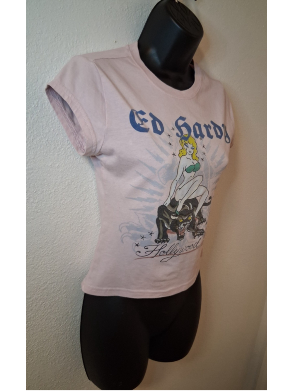 Ed Hardy Women's Small Baby Doll T-shirt Pink Hollywood Pin Up Tattoo Slim Fit - Picture 3 of 8
